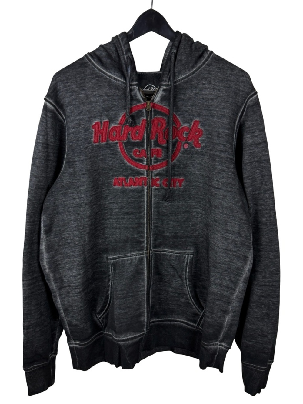 Mens Y2K Hard Rock Cafe Grunge Style Faded Full Zip Grey Hoodie Size XL